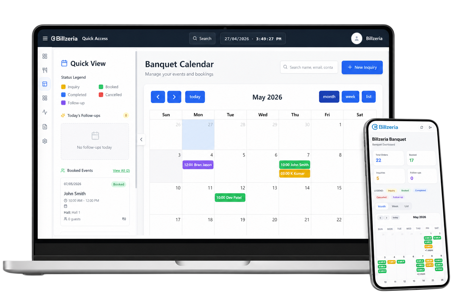 Billzeria Event Dashboard showing event management, inquries, and booking calendar
