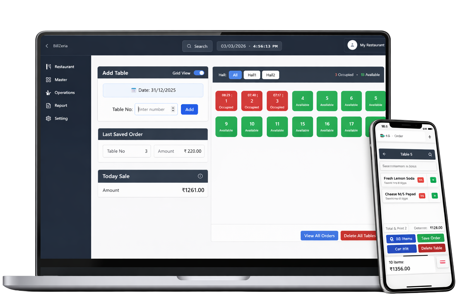 Billzeria POS Dashboard showing table management, billing, and order processing